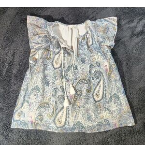 Lucky Brand Boho Women's Blouse Size Large Blue White Paisley Peasant Top Tassel